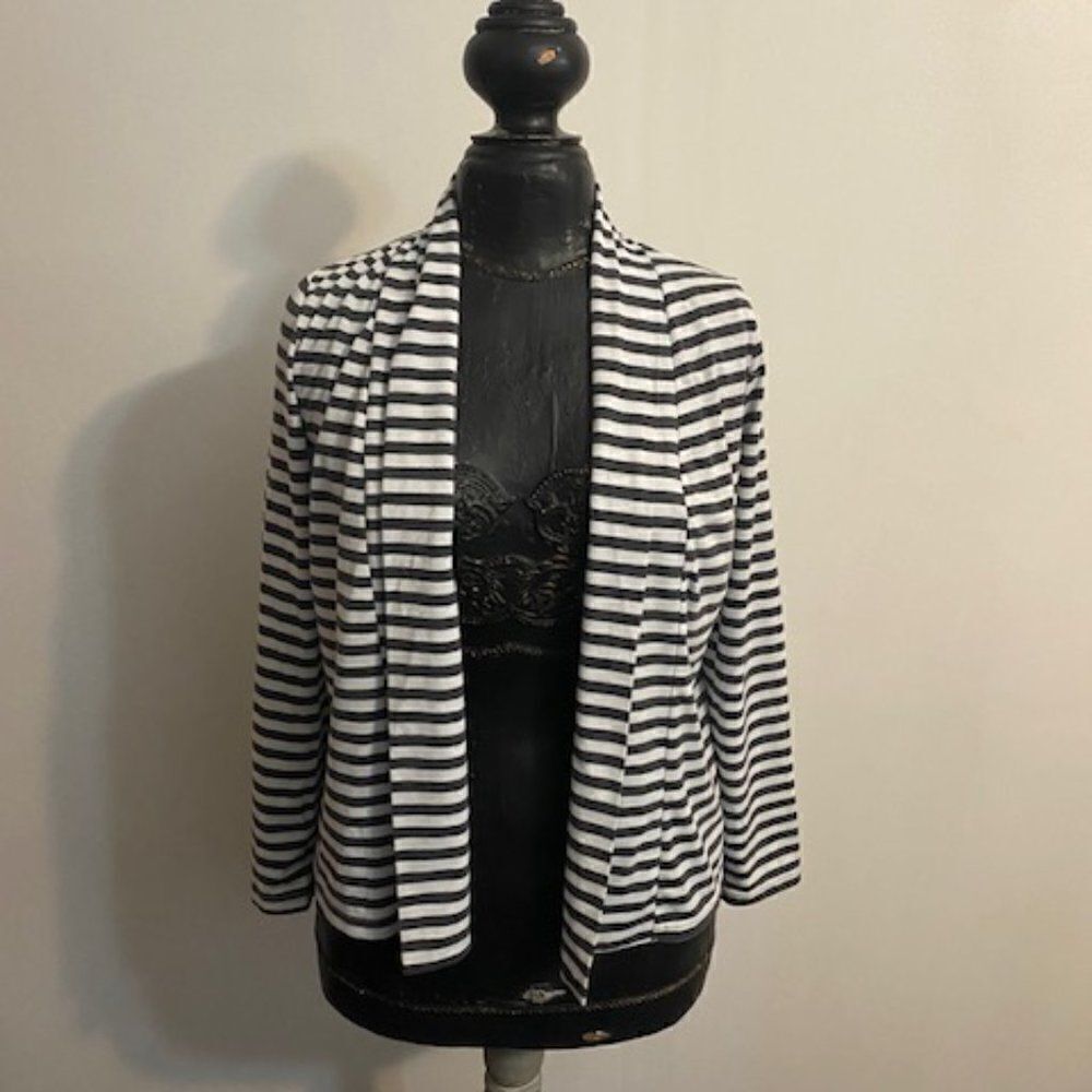 Peyton Bre Gray/White Stripe open cardigan, size 14